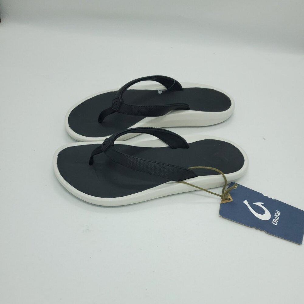 Olukai Women's Pi'oe Flip Flop Sandals Size 6 Slide Black & White Leather Slides